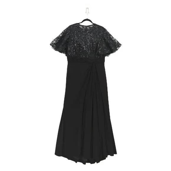 Mac Duggal Women 14 Embellished Butterfly Sleeve Gown Dress Black Sequins 68002